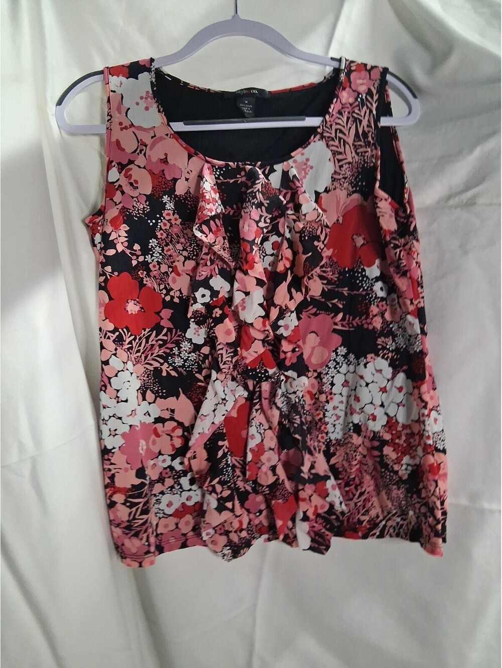 Style & Co. Blouse Womens M Multicolor Floral Ruffle Scoop Neck Sleeveless M2